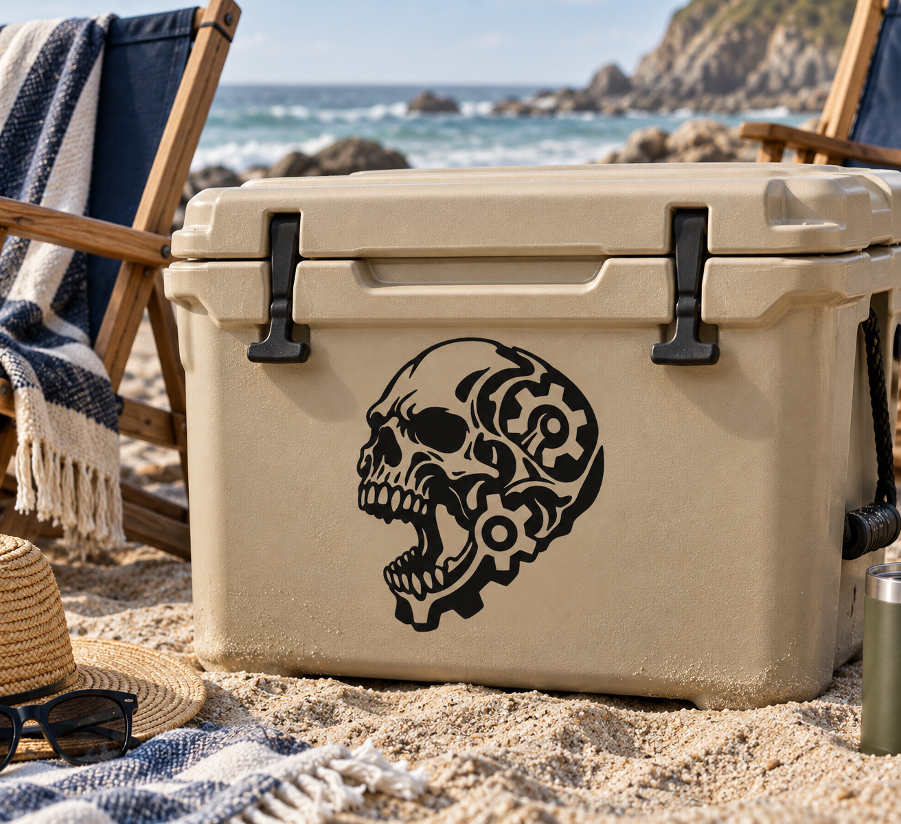 Biomechanical skull jaw vinyl decal, black gear details on tan surface