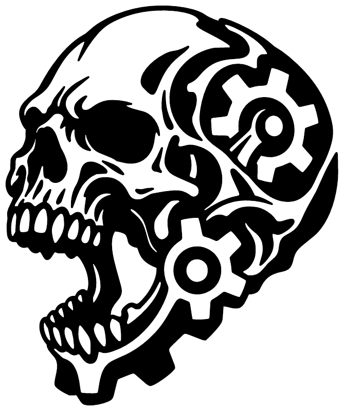 Skull jaw vinyl decal with black and white gear-cog details, bold graphic