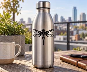 Black mechanical dragonfly vinyl decal with detailed wings and gear accents
