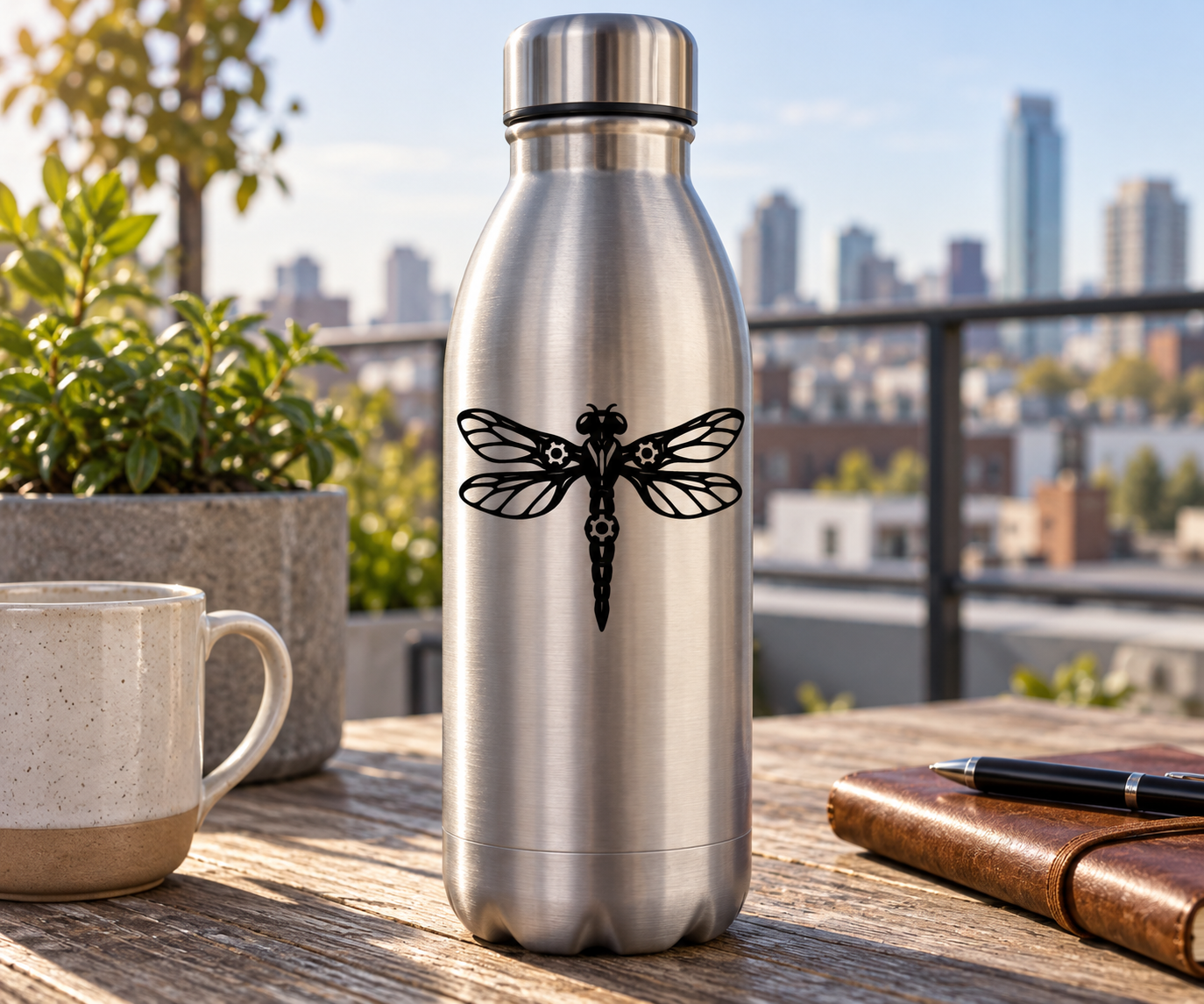 Black mechanical dragonfly vinyl decal with detailed wings and gear accents