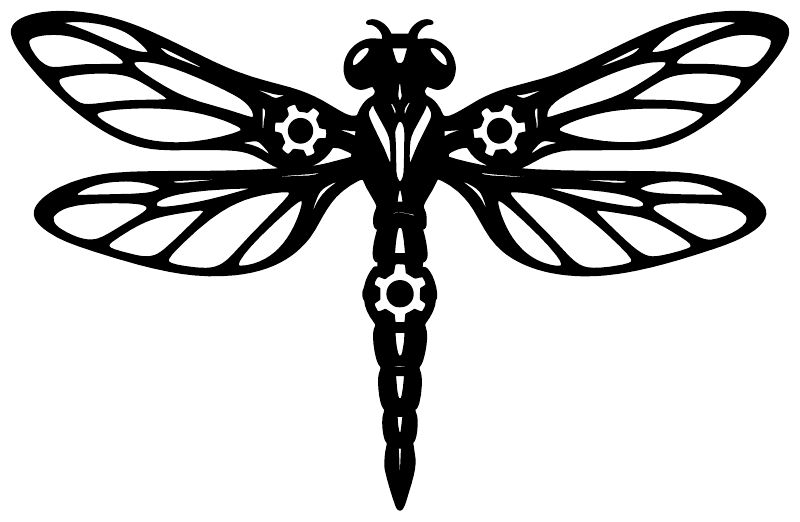 Black mechanical dragonfly vinyl decal close-up with wing outlines and gear details