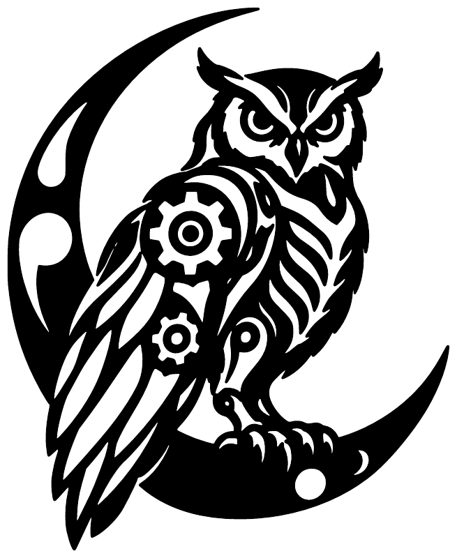Black owl vinyl decal with gear core, crescent moon, and clawed wings