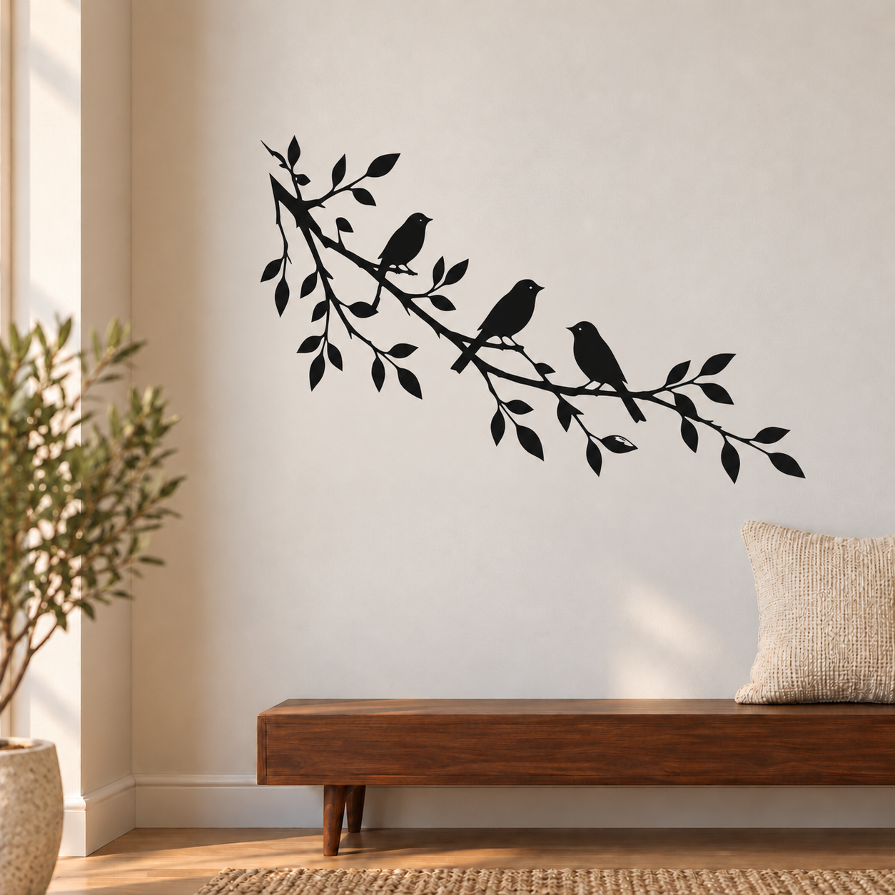 Vinyl wall decal of three black birds on a sweeping leafy branch