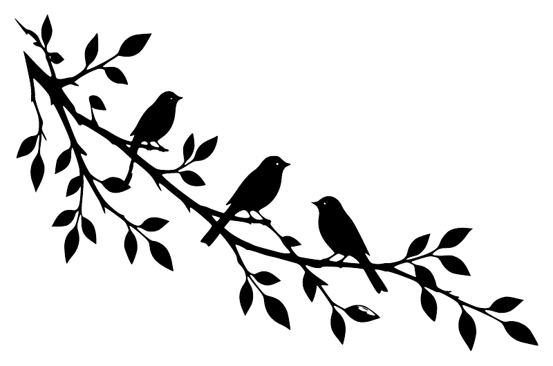 Vinyl decal close-up: three black songbirds on a leafy branch