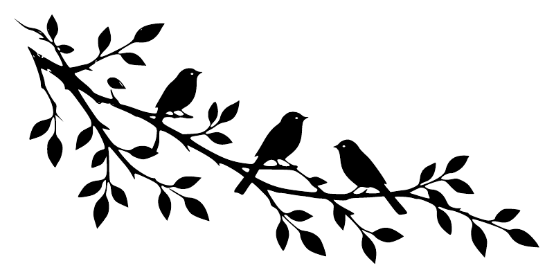Black bird-and-branch vinyl decal with three perched birds and cascading leaf shapes
