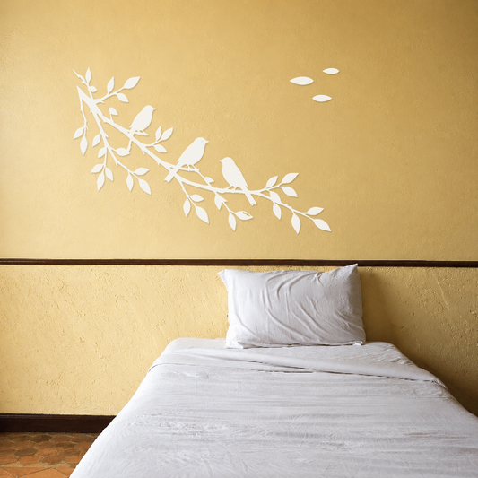 White three-bird wall decal on sweeping leafy branch with laurel accents
