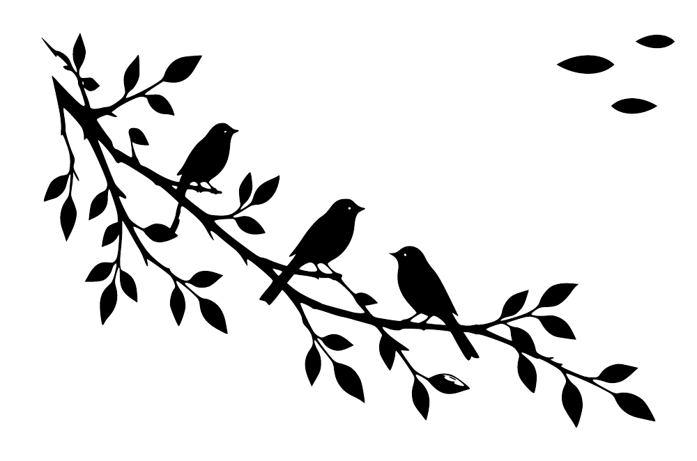 Black three-bird wall decal on sweeping branch with leaf clusters