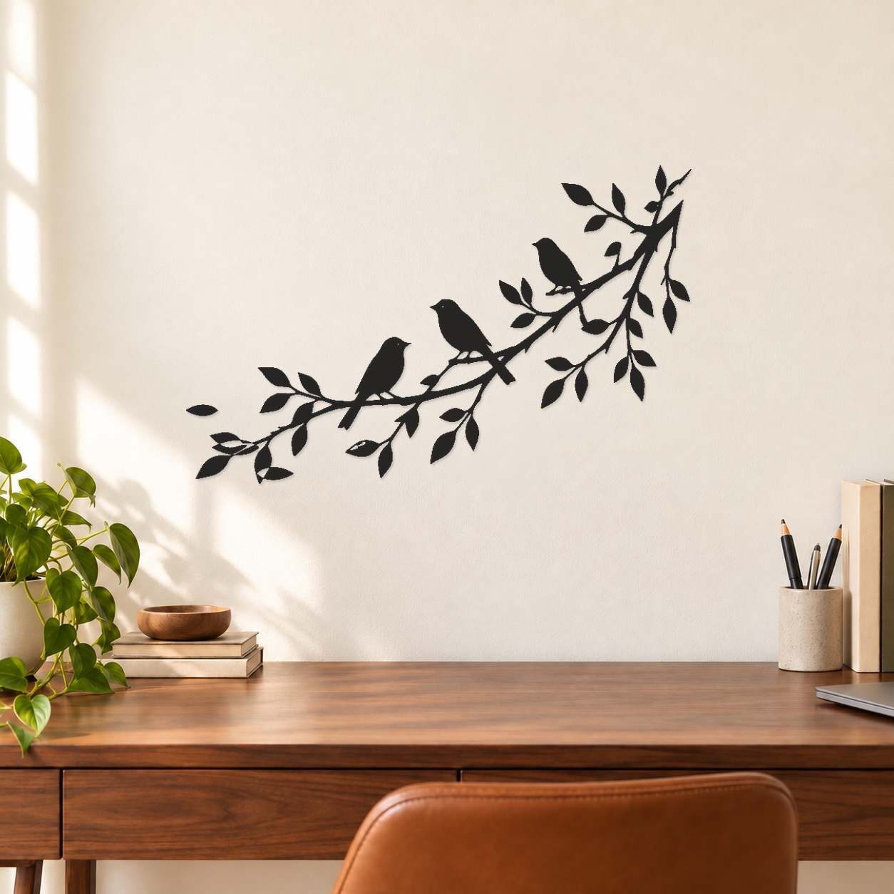 Botanical bird wall decal: three mirrored songbirds on leafy branch with small leaf trio