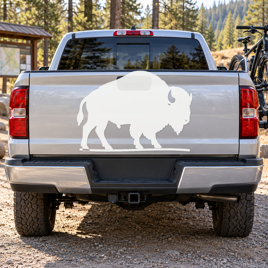 White mirrored bison prairie vinyl decal with wide horizon sweep on truck tailgate
