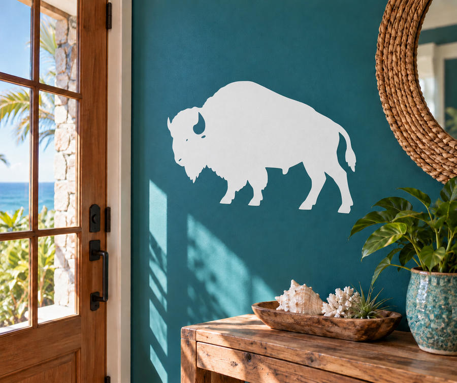 White bison silhouette vinyl decal with shaggy beard and curved tail