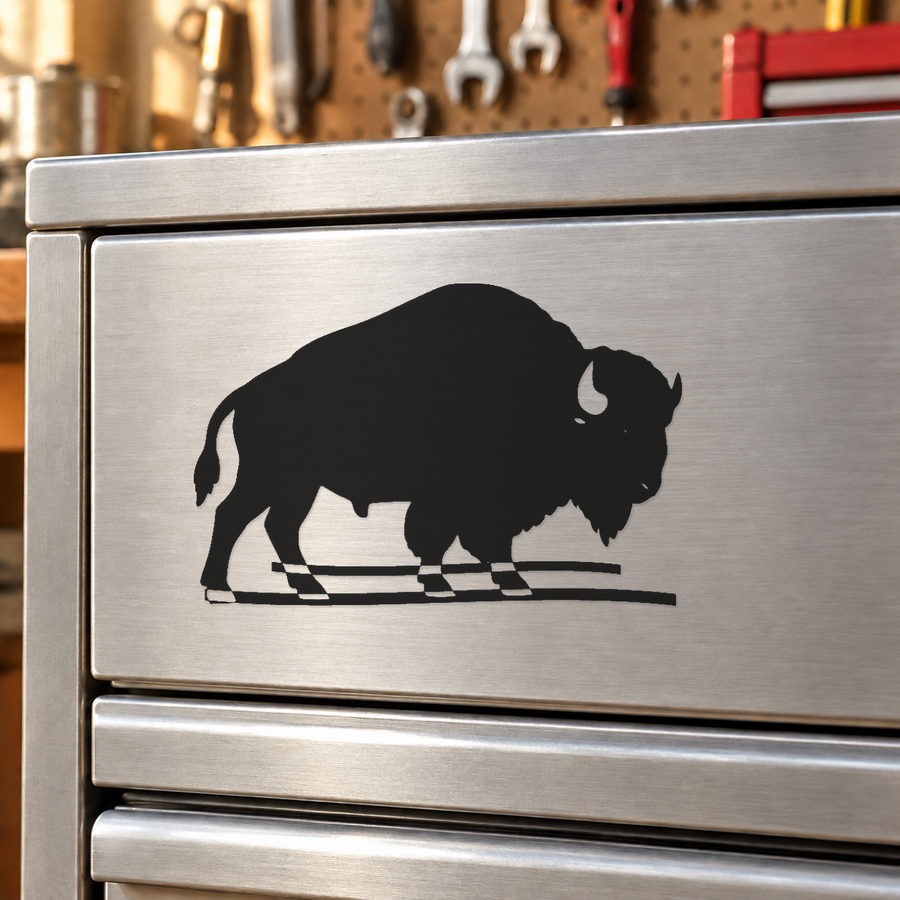 Brushed silver metal bison wall art with mirrored black silhouette and layered strip design