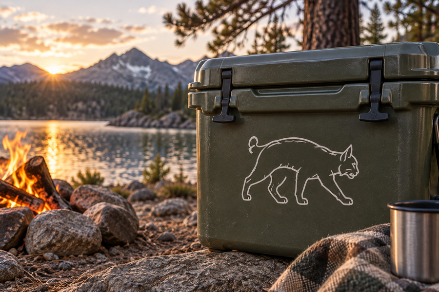 Walking bobcat outline vinyl decal on dark green surface