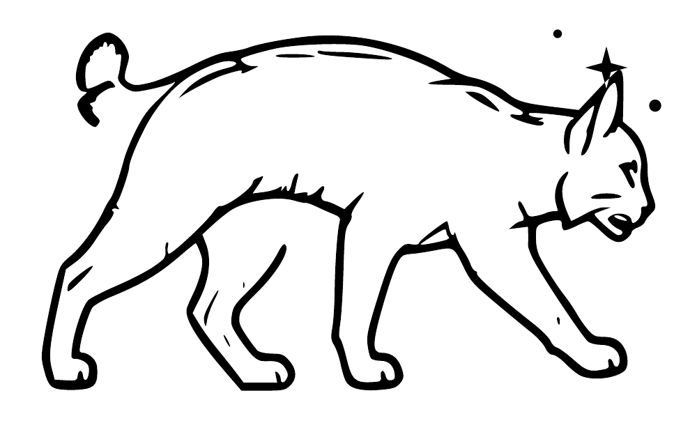 Black outline prowling bobcat with compass star and tufted ears on white surface