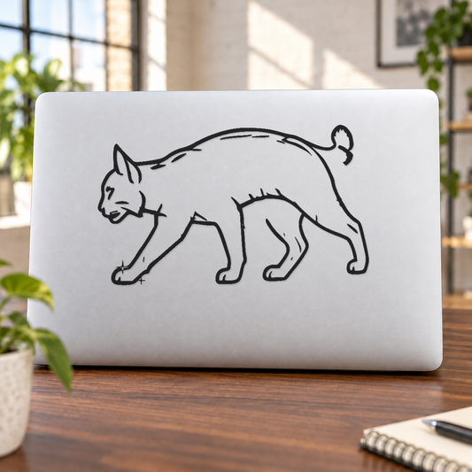 Mirrored bobcat trail vinyl decal with black outline bobcat, on white backing