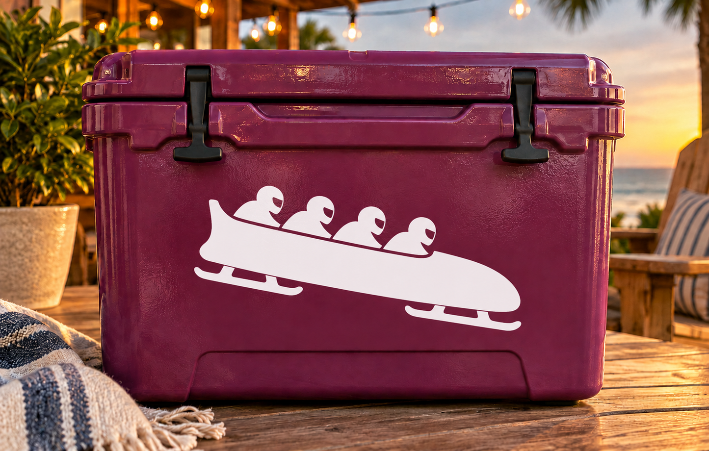 Four-crew bobsled vinyl decal, white sled with four rider silhouettes