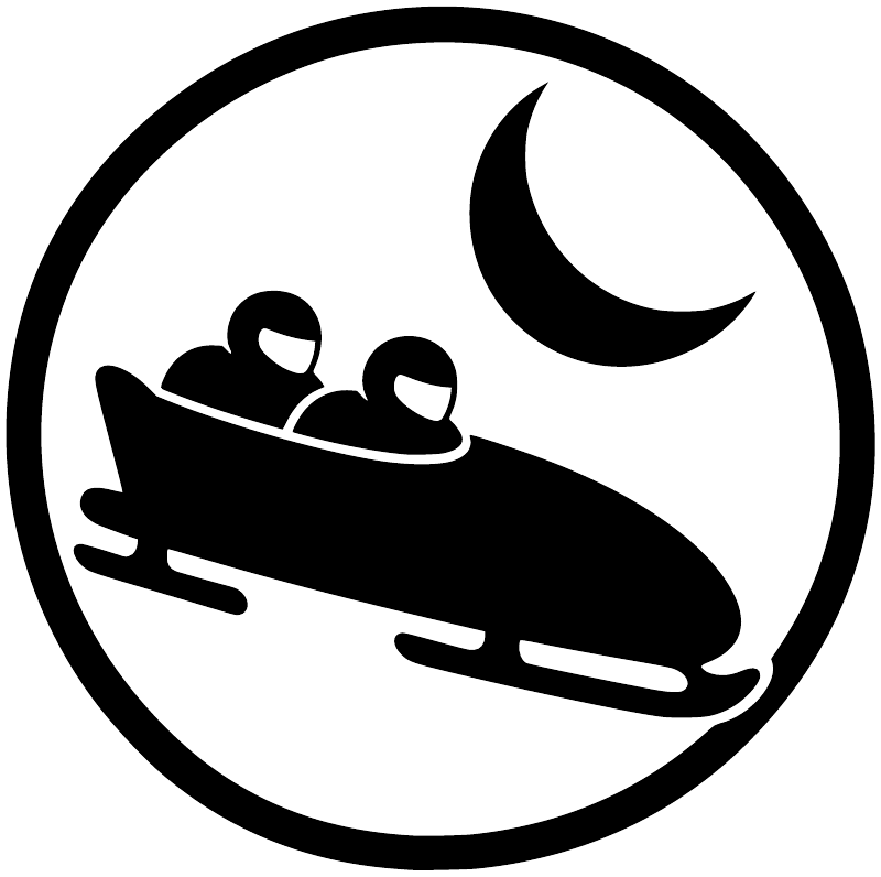 Circular vinyl decal featuring black bobsled team and crescent moon