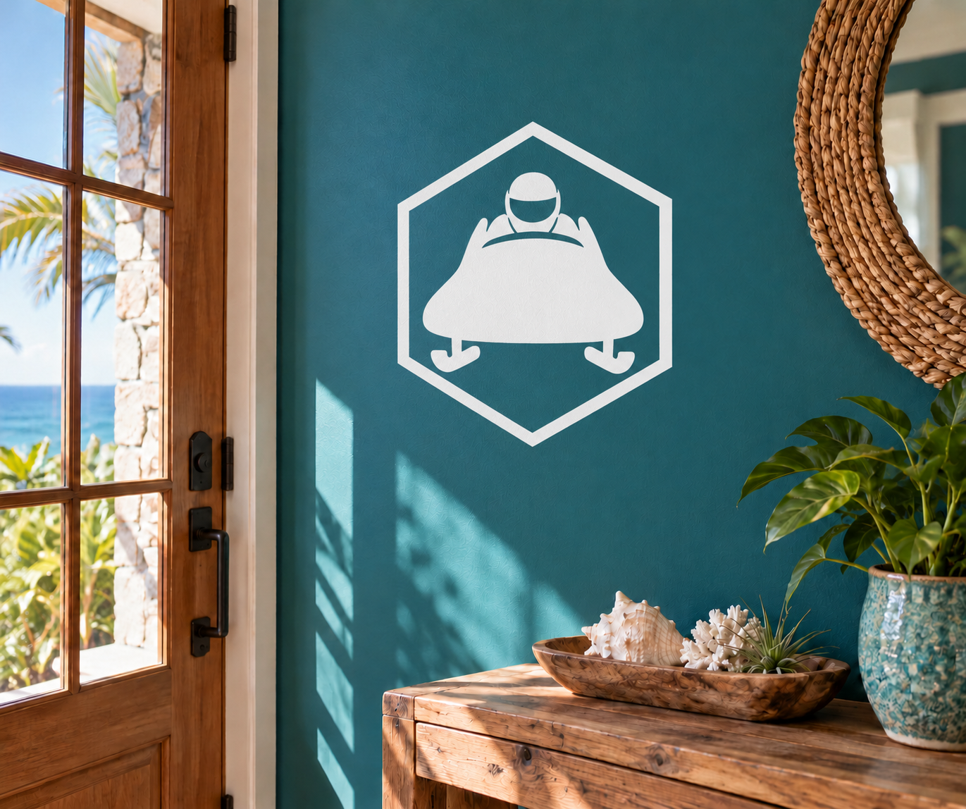Front crest bobsled vinyl decal with white bell icon in hex outline