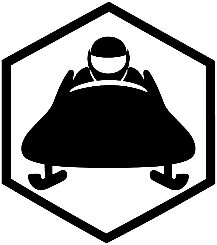 Bobsled crest vinyl decal, black icon in thick hex border on white