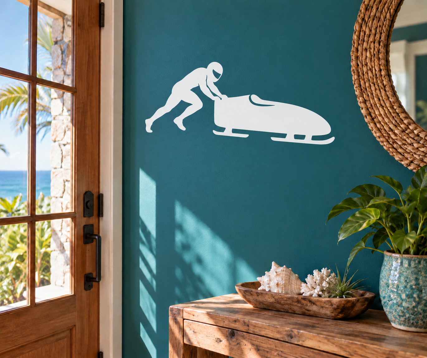 White bobsled push silhouette vinyl decal, runner figure pushing a bobsled.