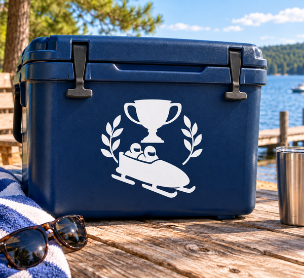 White trophy, laurel and sled vinyl decal on blue cooler