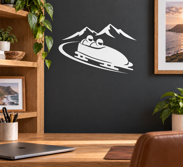 Black and white bobsled ridge crossing vinyl wall decal with two riders