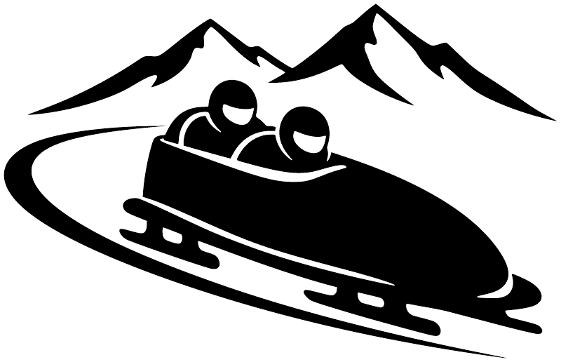 Black bobsled and riders vinyl decal with mountain ridge graphic