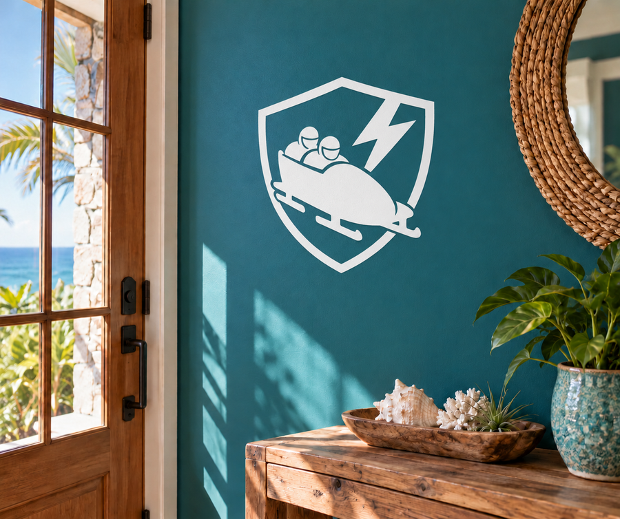 Bobsled shield vinyl decal with white lightning bobsled graphic