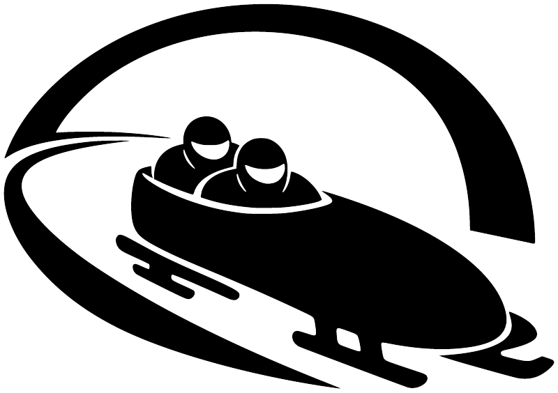 Bobsled tunnel approach vinyl decal, black bobsled silhouette with two riders and white arc.