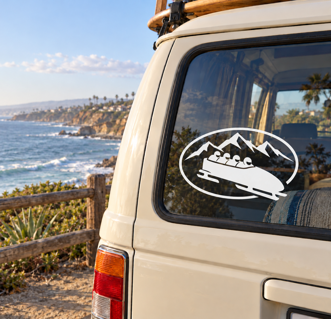 Vinyl boat sled emblem decal on vehicle window