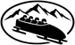 Black and white vinyl decal of a sled with riders and mountains