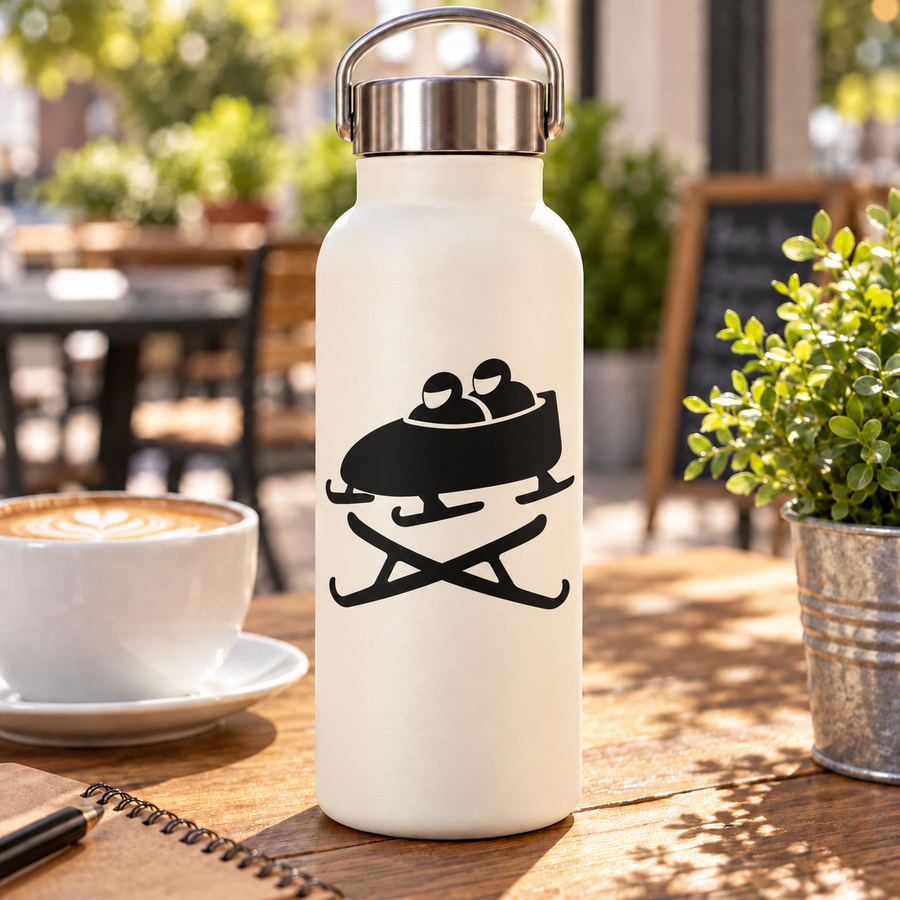White bottle with black bobsled emblem vinyl decal: two sledders on sled