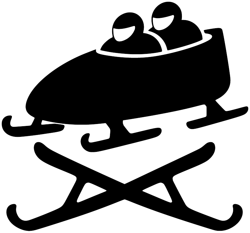 Black bobsled emblem vinyl decal with two helmeted figures on sled silhouette