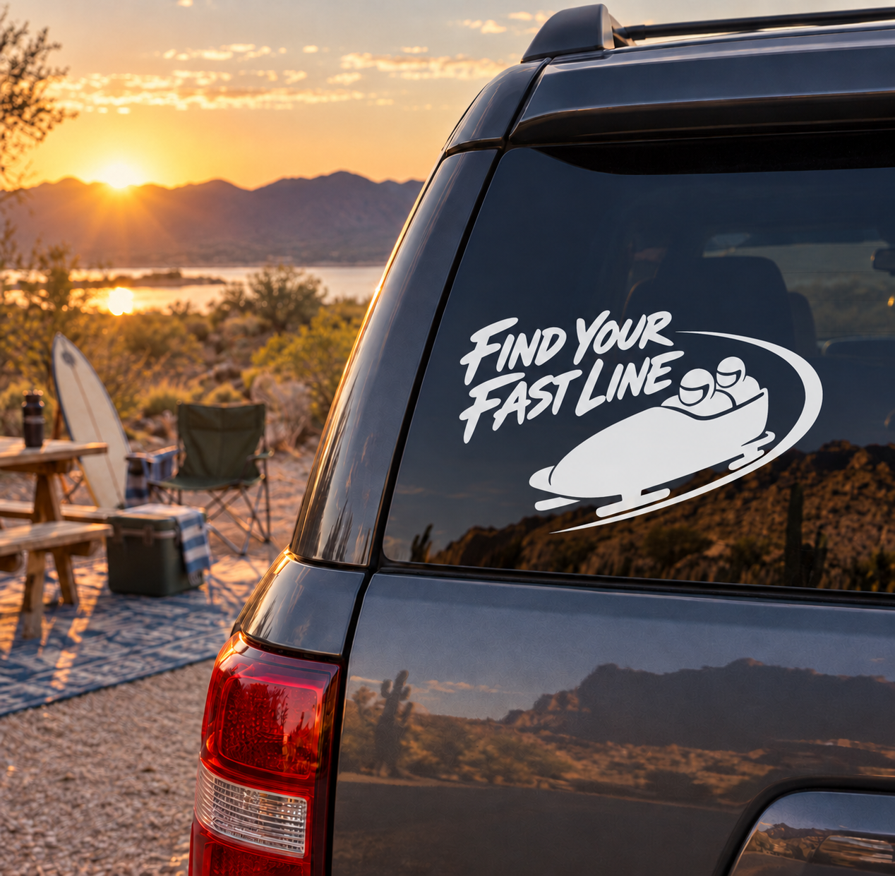 Vinyl car decal with “Find Your Fast Line” text and bobsled icon on rear window