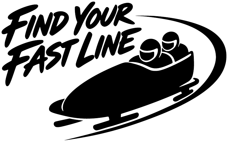 Vinyl decal close-up: “Find Your Fast Line” bobsled graphic in black and white