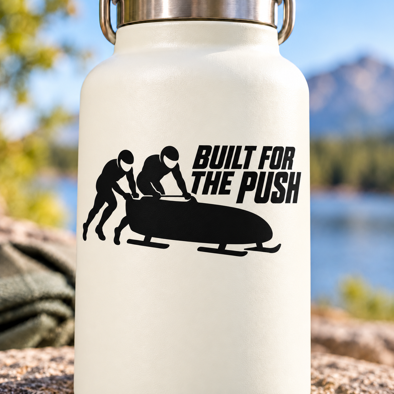 White bottle with black “Built for the Push” bobsled vinyl decal