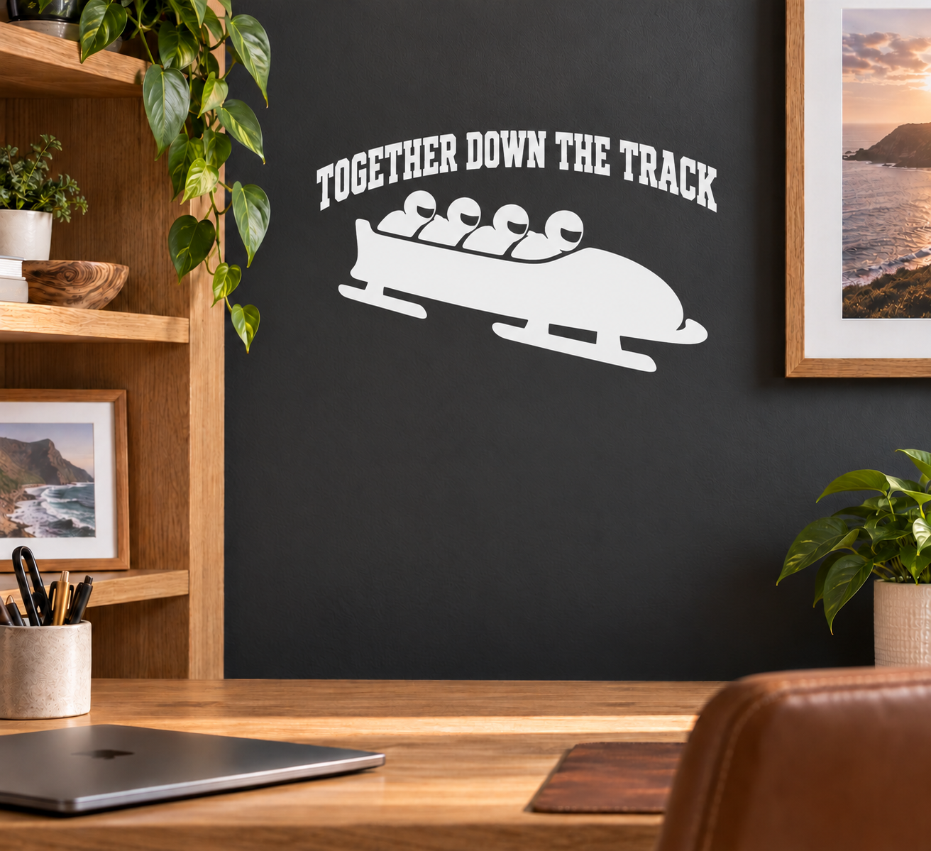 Black vinyl decal with white "Together Down the Track" text and bobsled graphic