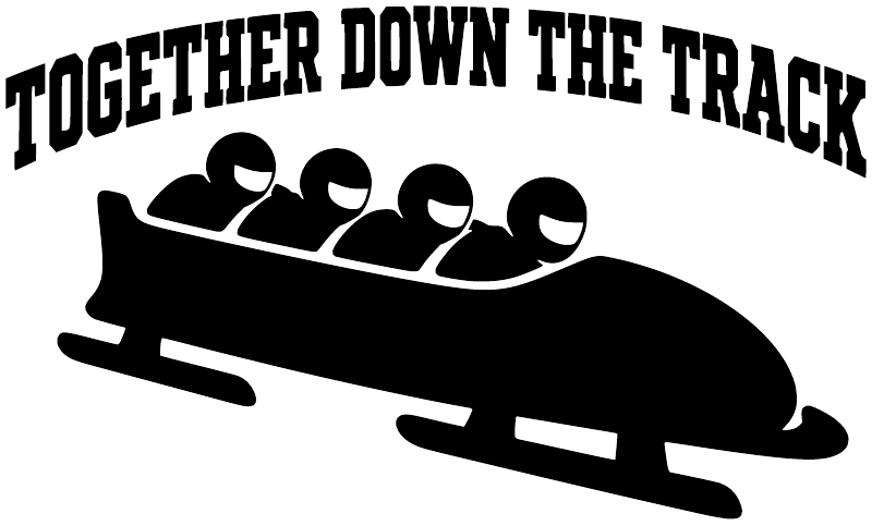 Vinyl decal close-up with bold black "Together Down the Track" text and bobsled