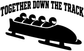 Vinyl decal close-up with bold black "Together Down the Track" text and bobsled