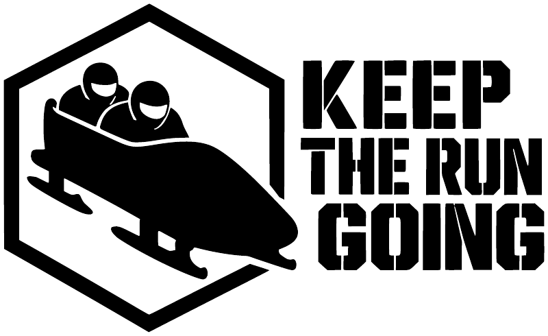 Black-and-white vinyl decal featuring bobsled icon and 'KEEP THE RUN GOING' text