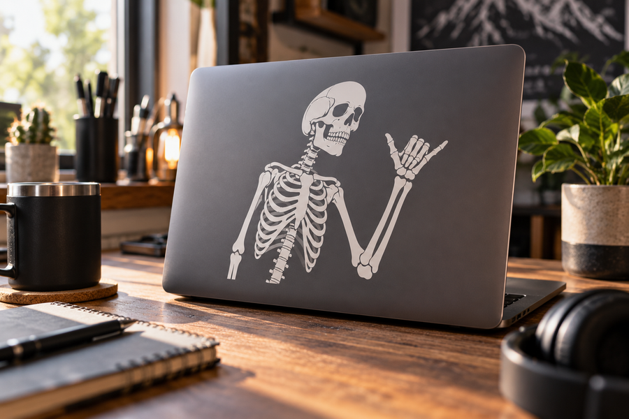 Skeleton Shaka raised-hand vinyl decal on dark laptop lid