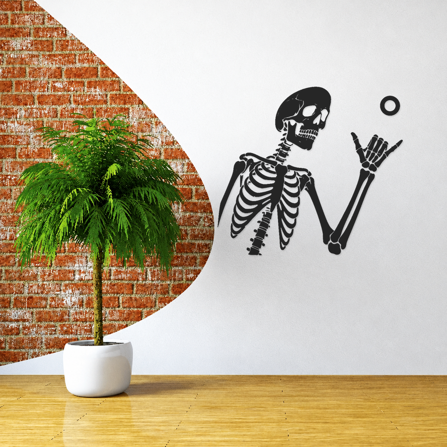 Black skeleton hand-drawn style vinyl wall decal with shaka gesture and small ring circle