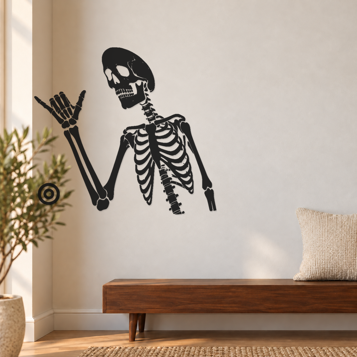 Vinyl skeleton shaka crest decal with raised hand and concentric orbit rings