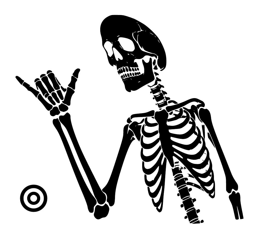 Vinyl mirrored skeleton shaka crest decal with skull, raised hand, and orbit rings
