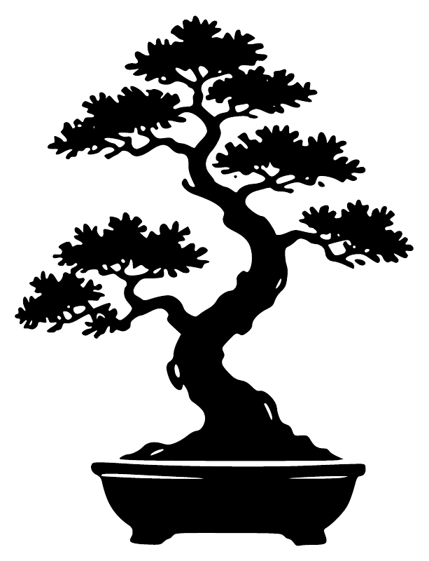 Black bonsai tree vinyl decal with layered foliage and oval pot outline