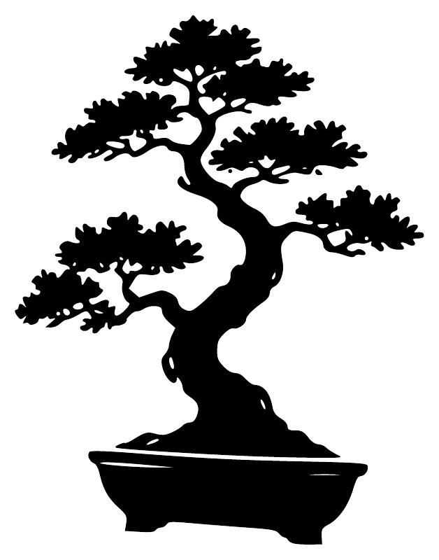 BonsaiSilhouetteCX002 - Windswept Bonsai with Broad Crown and Display Pot; preview rendered from the saved vector PDF