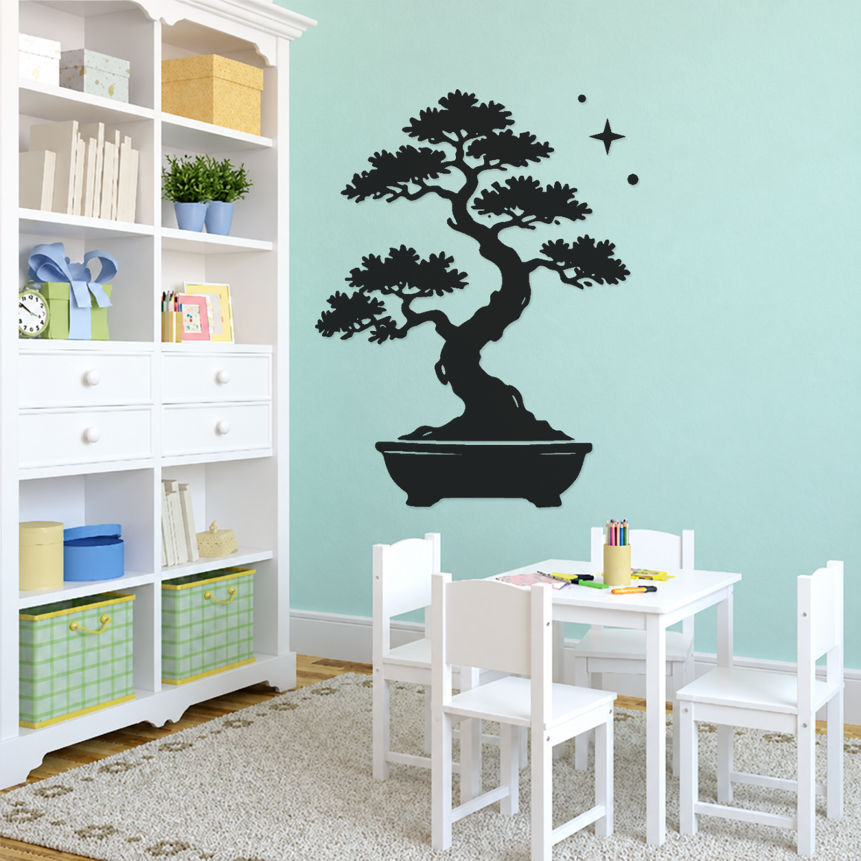 Twisting bonsai wall decal with layered branches, oval pot, and compass diamond accents