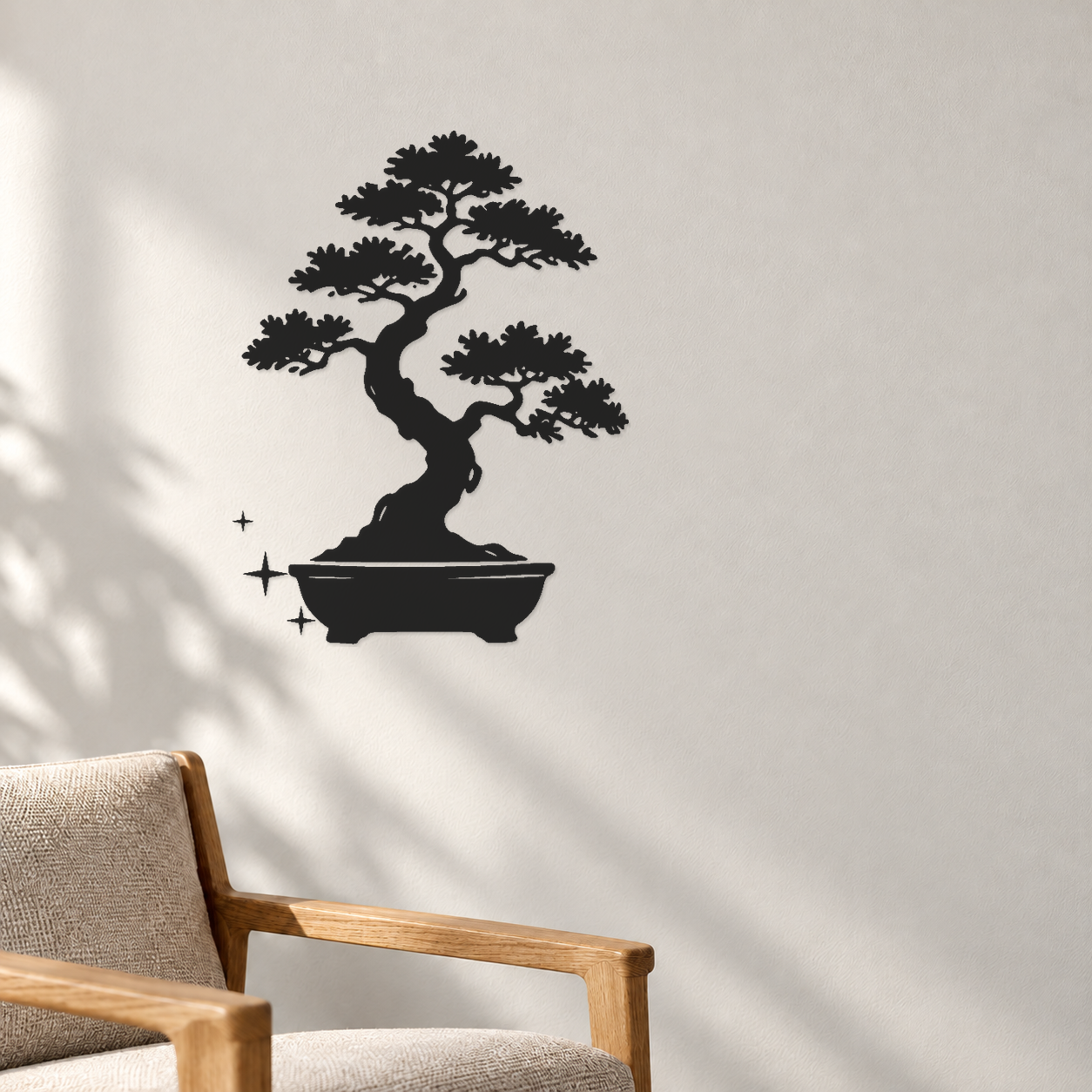 Black bonsai silhouette wall decal with oval pot and small sparkle stars