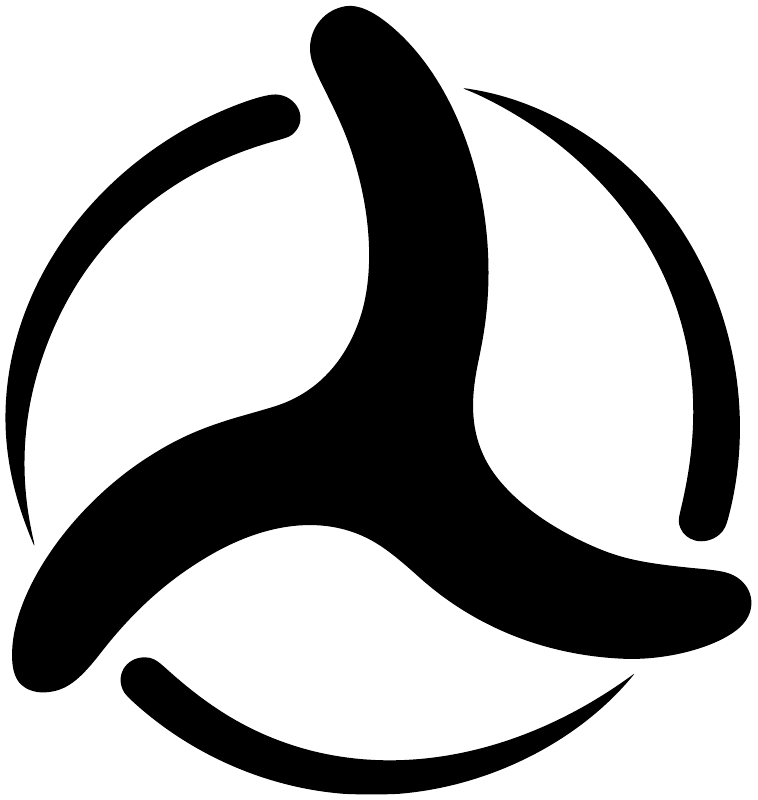 Three-wing boomerang vinyl decal logo, bold black silhouette on white