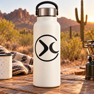 Black crescent orbit vinyl decal with boomerang mark on white bottle