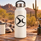 Black crescent orbit vinyl decal with boomerang mark on white bottle